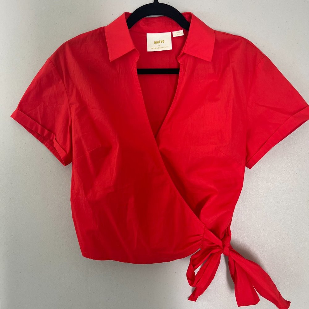 Anthropologie Red Short-Sleeve Wrap Blouse